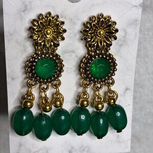 Victorian Revival dangling earrings w antiqued gold-tone metal, green stones
